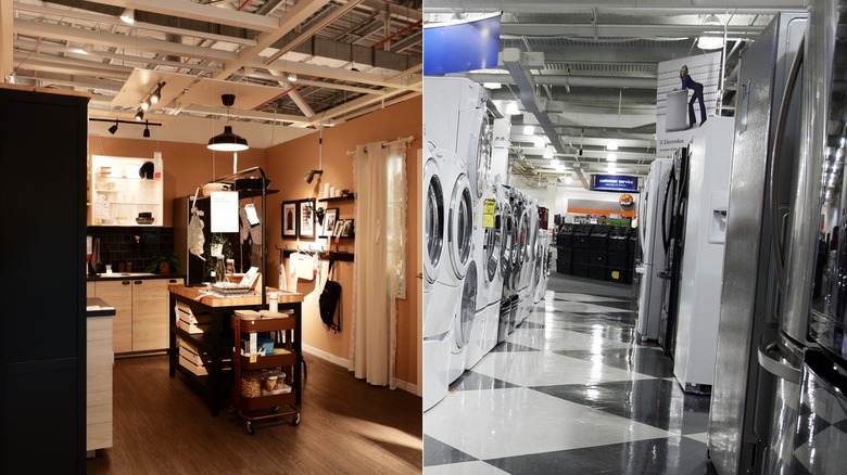 IKEA kitchen display split with Best Buy appliances display