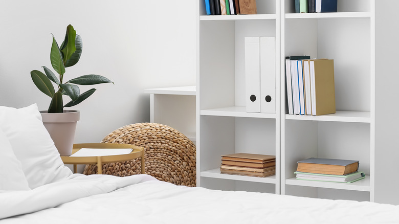 Bookshelf in stylish interior of modern bedroom.