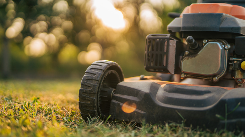 The front of a lawn mower against out-of-focus grass