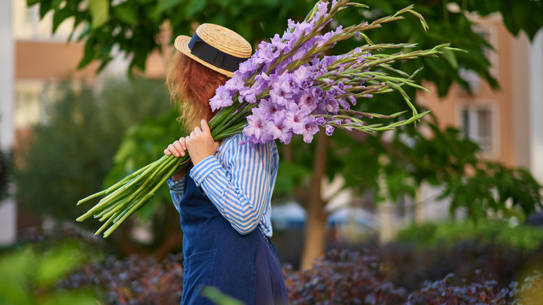 woman holding gladiolus stalks
