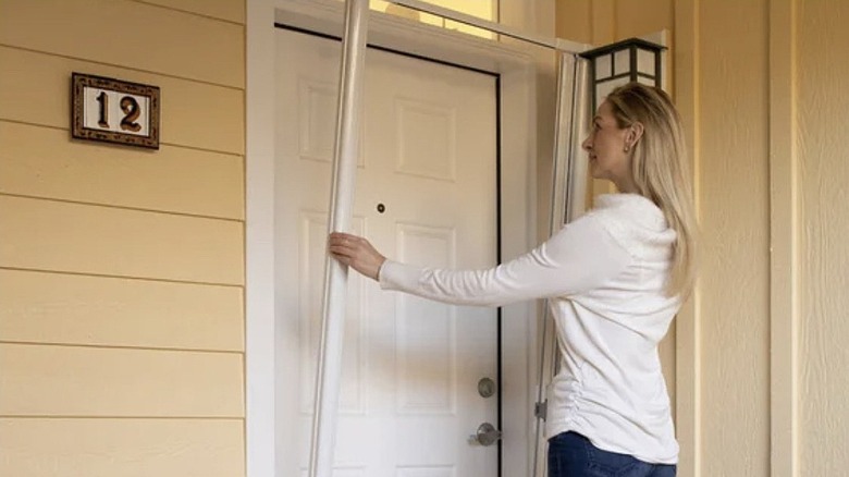 A woman installing the Costco single screen door