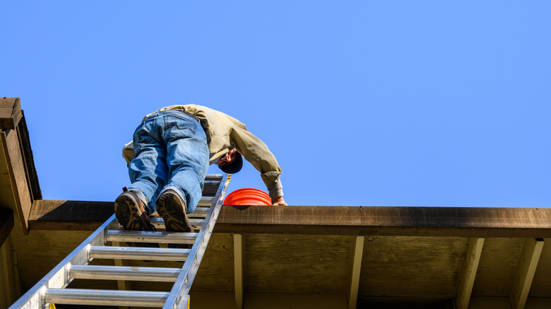 person on ladder clearing out gutters