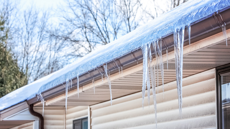 Gutters frozen over with ice