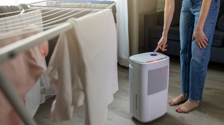 A woman turns on a dehumidifier.