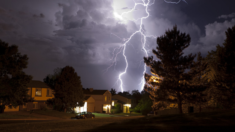 Lightning striking behind a dark, tree-lined suburban street