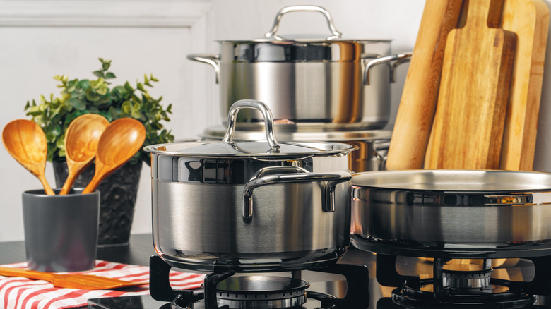 Close up of clean saucepan on a gas stove in kitchen