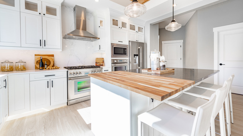 Butcher block, quartz kitchen island