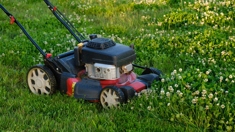 A lawn mower with side discharge mowing down long grass