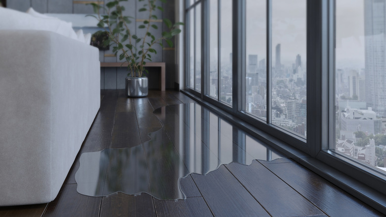 Water leaks into a modern living room through a floor-to-ceiling window