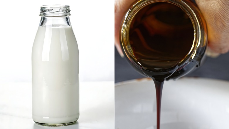 A split screen images of milk on the left and molasses getting poured out on the right.