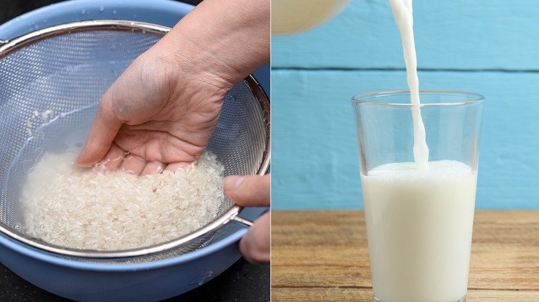 A split screen iamge of a hand washing rice and milk getting poured into a cup.