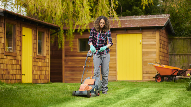A person mowing the lawn
