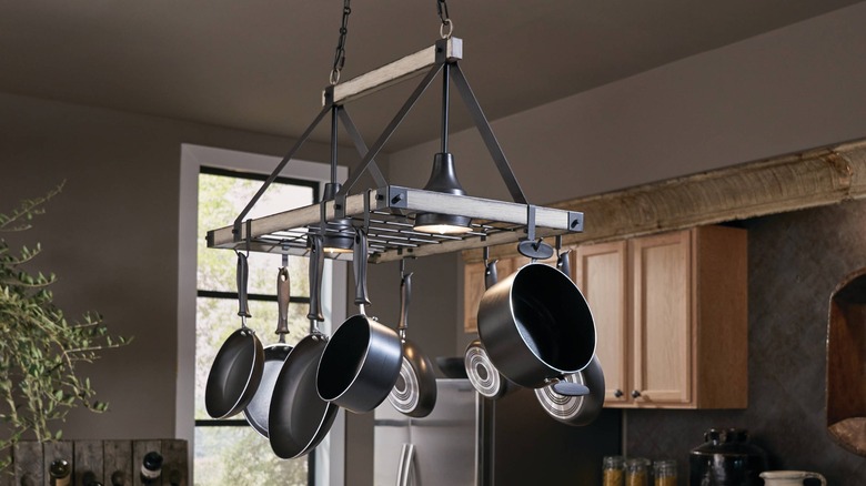 Pot rack hanging in a kitchen