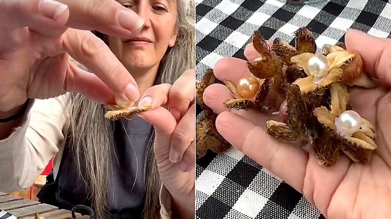 Split image of a person adding a round ball to the center of an open beach nut, and a person's hand holding crafted beach nut embellishments