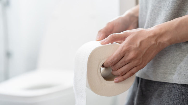 person holding toilet paper roll in the bathroom