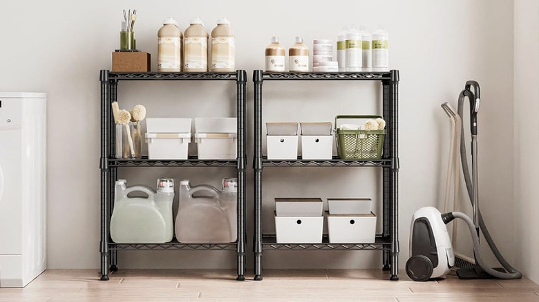 Utility tiered shelf with bath and cleaning products on each shelf