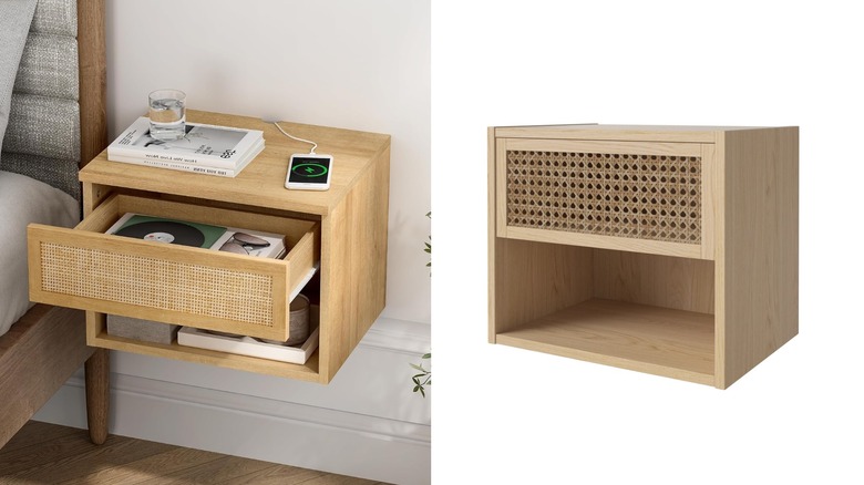 Two wicker rattan floating bedside tables.