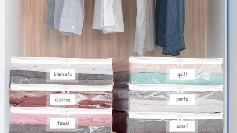 Clean clothing and bedding are labeled and stored in convenient clear plastic zippered bags.