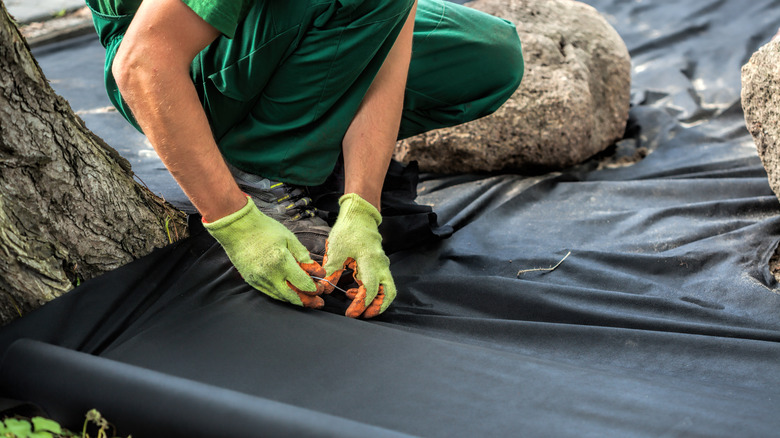 Person wearing yellow gardening gloves and green pants applying black landscape fabric to the ground