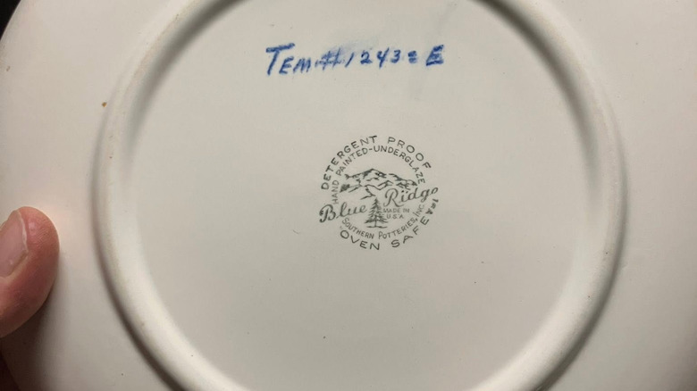 Closeup of a Blue Ridge backstamp on a plate underneath blue marker of the words TEM followed by a string of numbers