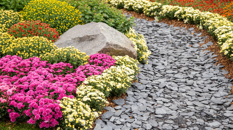 Pathway with slate chips and floral border