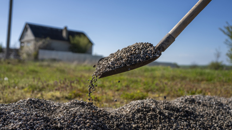 A person shoveling small pieces of gravel in the area in front of a house