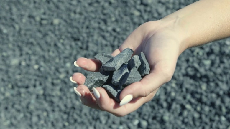 Woman holding black star rock gravel stones