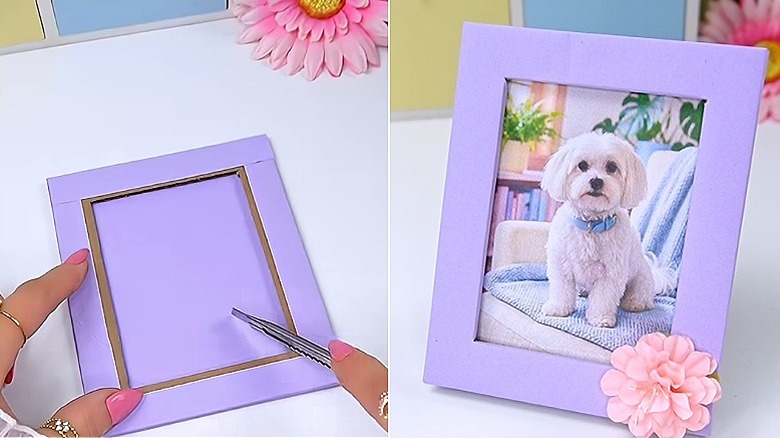 Split image showing how to cut out the middle out of the wrapping paper on the left and the finished photo frame on the right