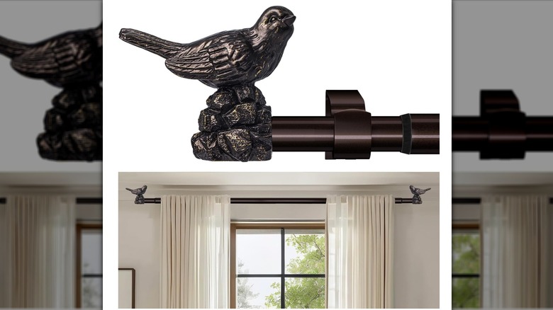 A vintage-inspired bronze curtain rod with birds on the end of each rod hold up sheer curtains in a room.