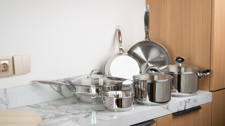 Pots and pans on a kitchen counter