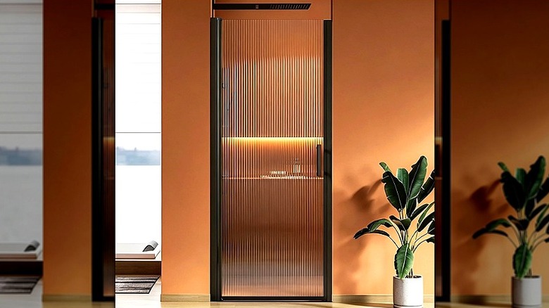 Sleek reeded glass shower door in bathroom