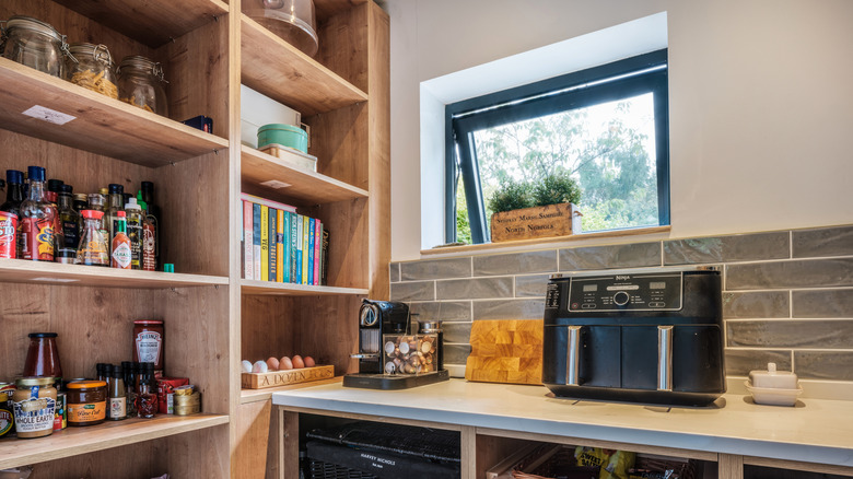 A walk-in pantry with jars, containers, books, and kitchen appliances on a counter.