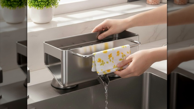 Sink organizer with drain on the side of a kitchen sink