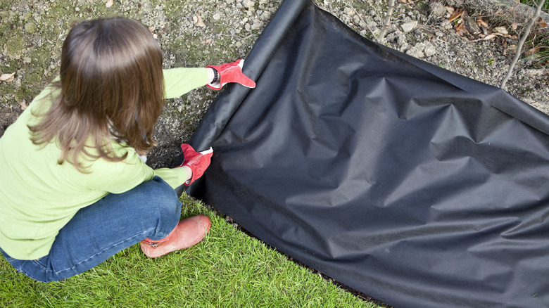 A person removes a sheet of black landscape fabric from a rocky garden bed.
