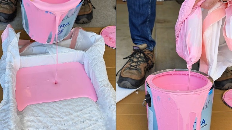Person using trash bag as paint tray cover and draining excess paint into can