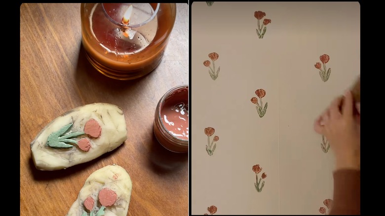 A potato carved with tulips and painted green and pink; a wall stenciled with the tulips