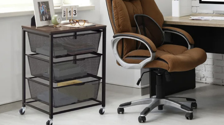 Edifice 3-tier mesh basket cart from Costco used as home office storage.