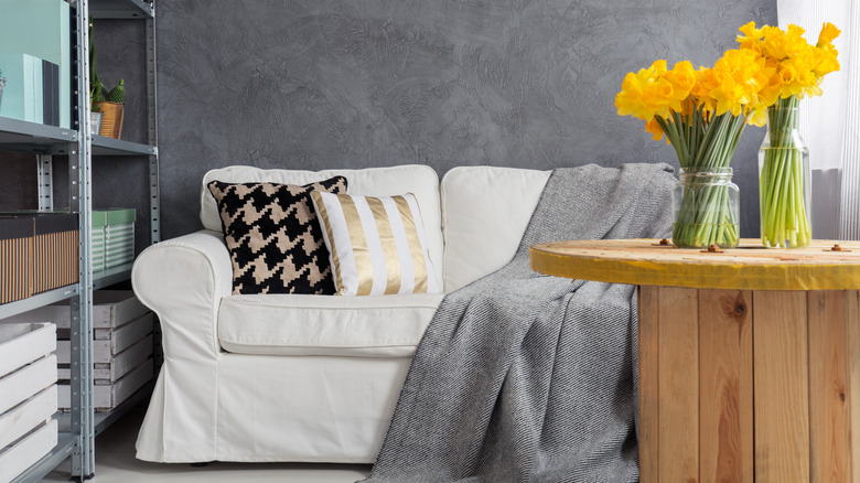 Cozy modern living room with a skirted sofa