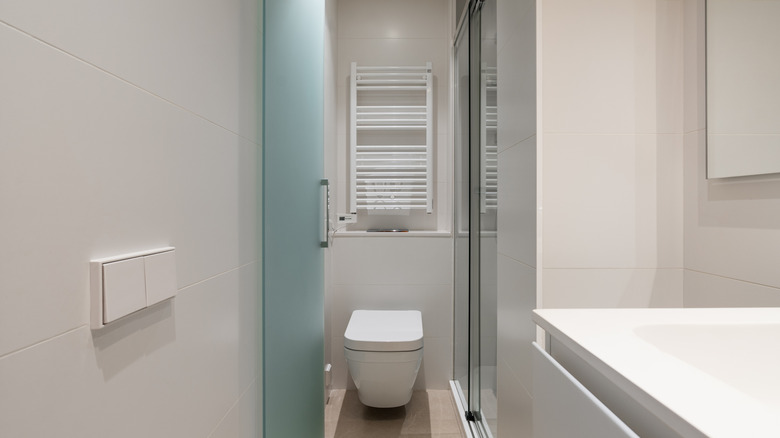 Bathroom door with frosted glass pane.