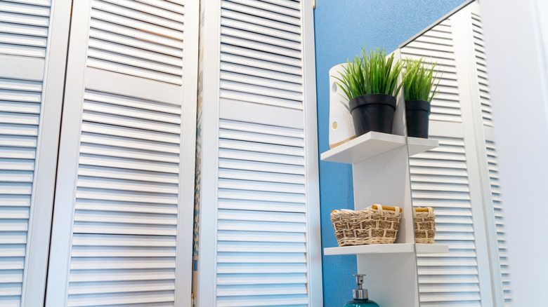 Louvered bi-fold doors in bathroom.