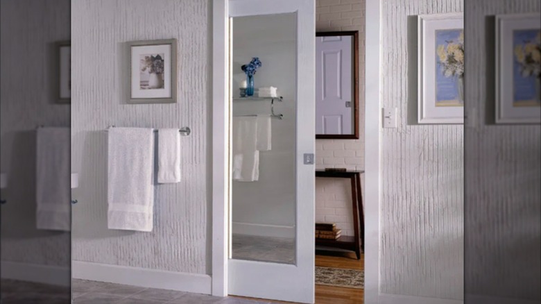 Mirrored pocket door in bathroom.