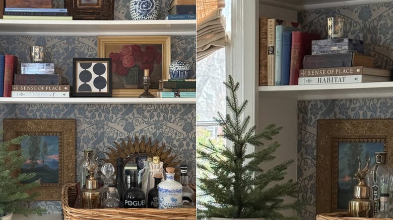 A split screen showing built-in shelving with blue and white wallpaper in the back.