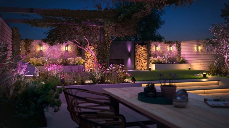 outdoor Philips Hue smart lights creating a colorful evening yard