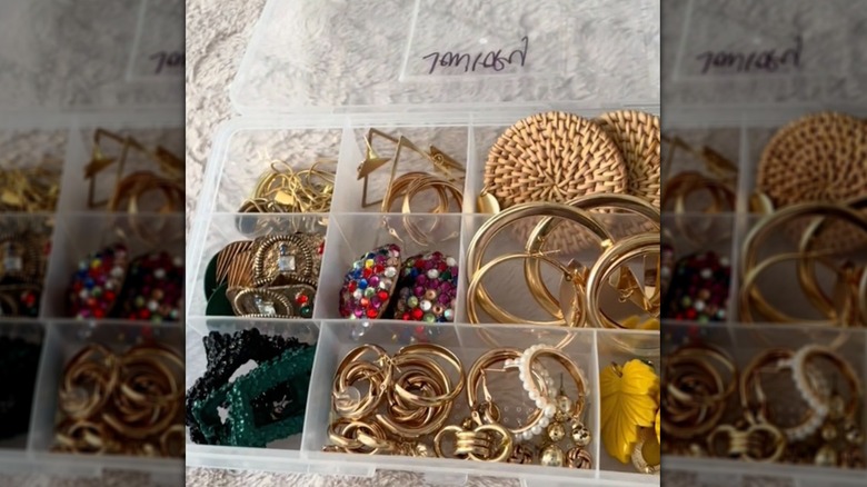Jewelry organized in plastic compartment case.