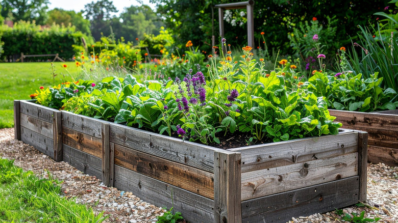 Two raised beds are filled with flowers.