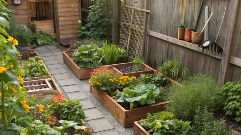 A series of raised garden beds are set outside of a shed in an enclosed outdoor space.