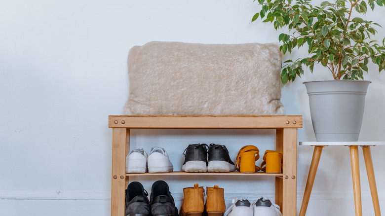 Wooden shoe rack with shoes on it next to potted plant