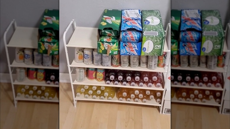 Canned and bottled beverages on a shoe rack