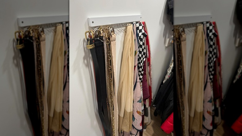 Belts and scarves organized on the Oteckk tie rack