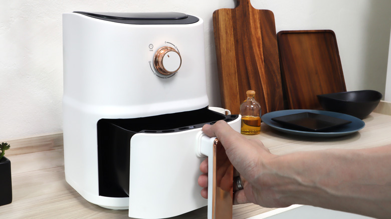 person opening air fryer on counter